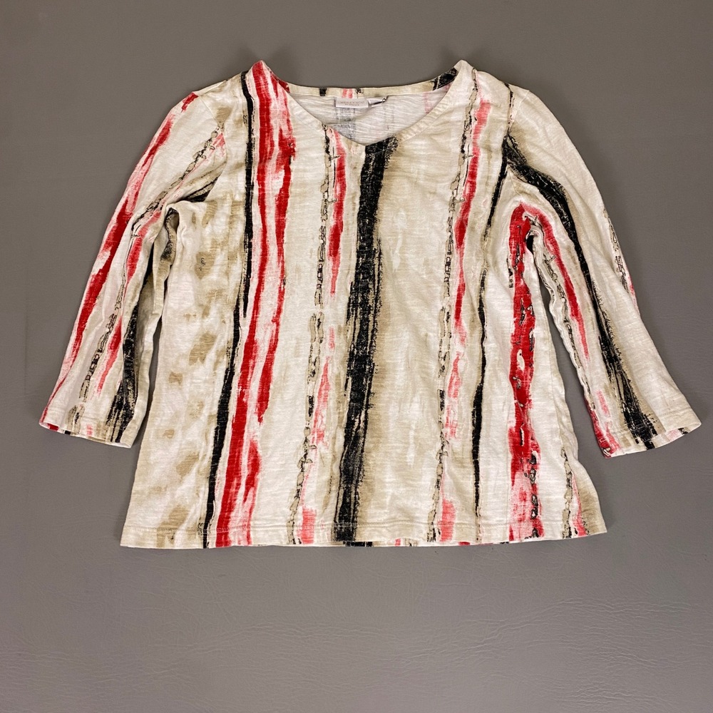 Weekends by Chicos Top Women's Size 1 Medium Abstract Stripe V-Neck Red 3/4 Slv